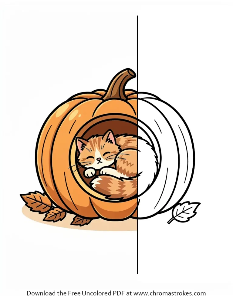 Fall coloring page of a fluffy kitten sleeping curled up inside a round opening in a pumpkin, with autumn leaves