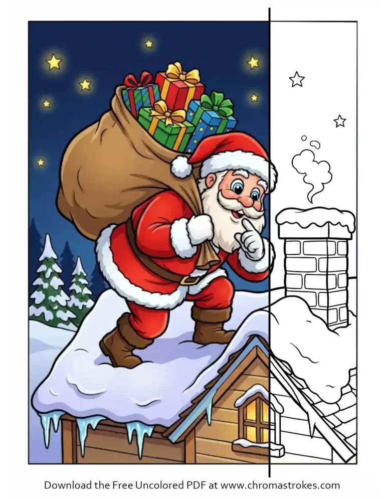 Santa coloring page of Santa on a snowy rooftop carrying a sack of presents toward a smoking brick chimney