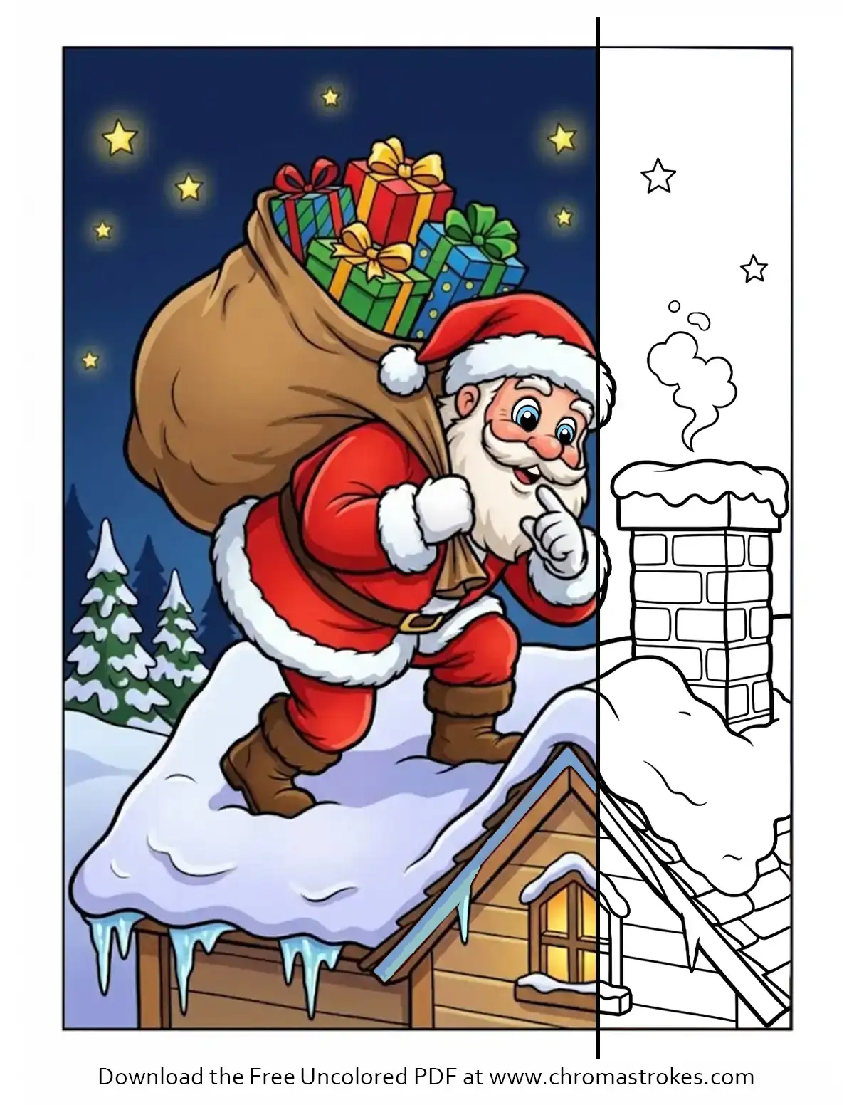 Sneaking to the Chimney – Santa Coloring Page