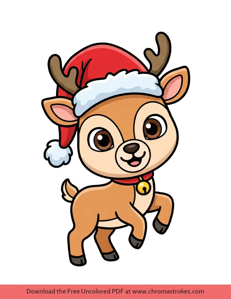 Christmas reindeer coloring page of a cute baby reindeer wearing a Santa hat and a collar with a jingle bell