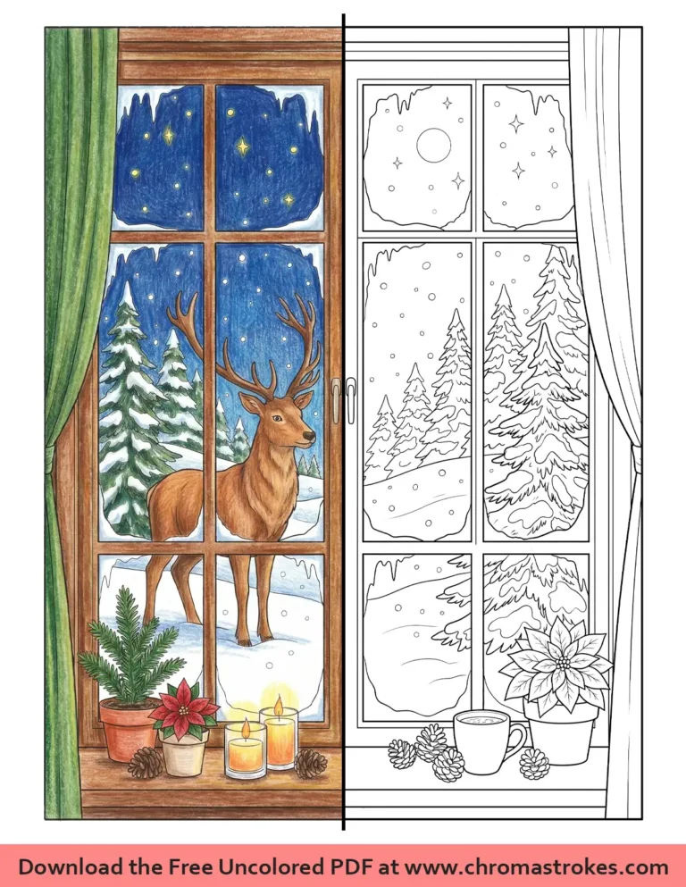 Winter coloring page for adults of a stag in a snowy forest seen through a frosted window with candles and poinsettias