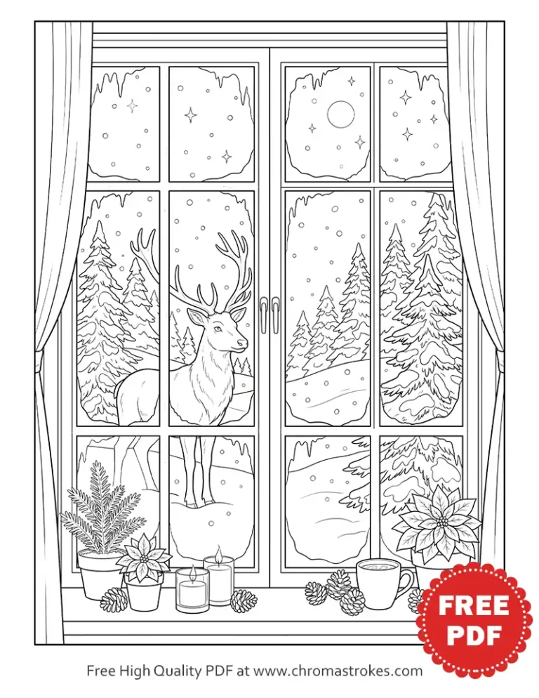 Christmas coloring page for adults of a stag in a snowy forest seen through a frosted window with candles and poinsettias