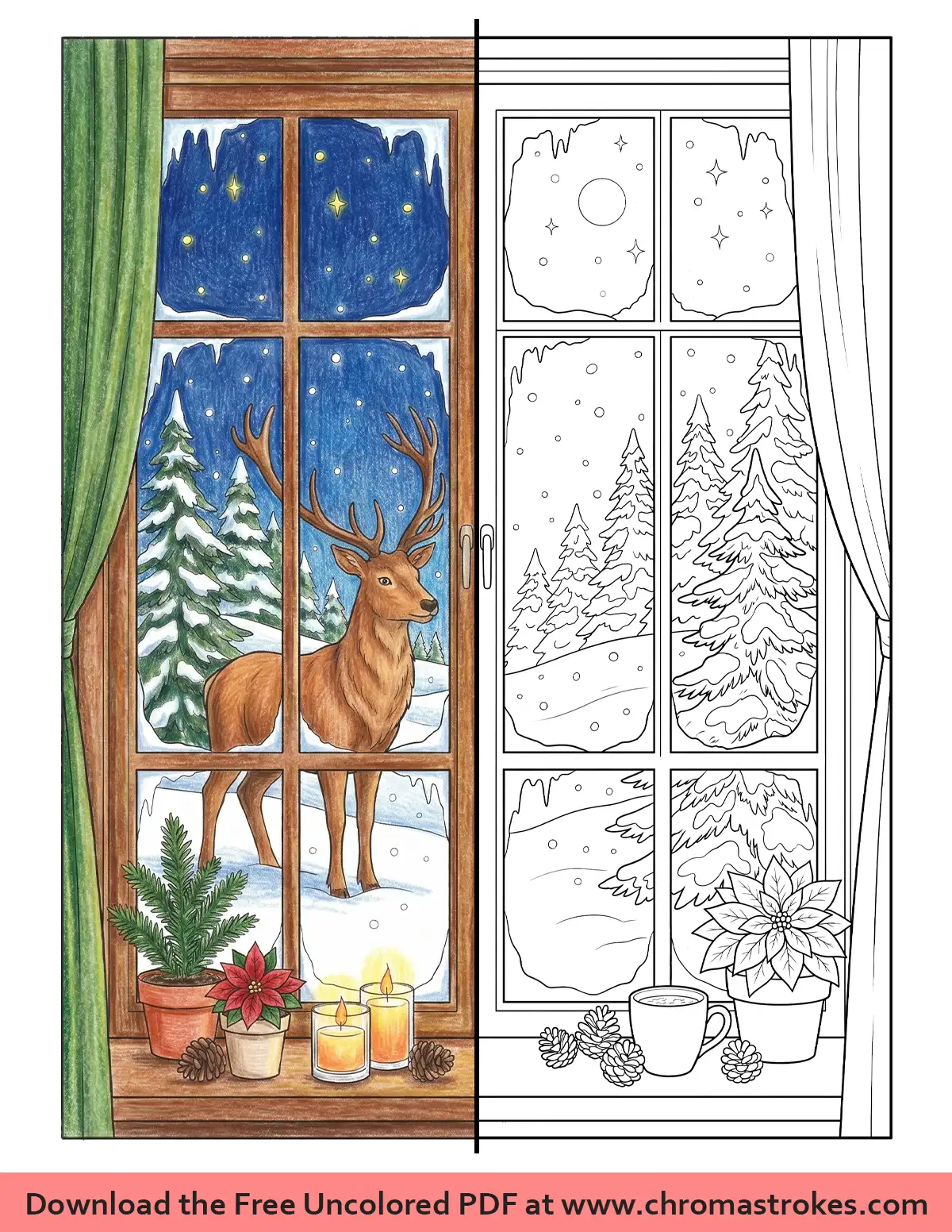 Stag at the Window – Winter Coloring Page for Adults
